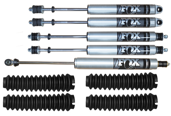 Set of Fox Performance Series IFP +2" lift Land Rover Defender shocks with Steering Damper and Shaft Boots